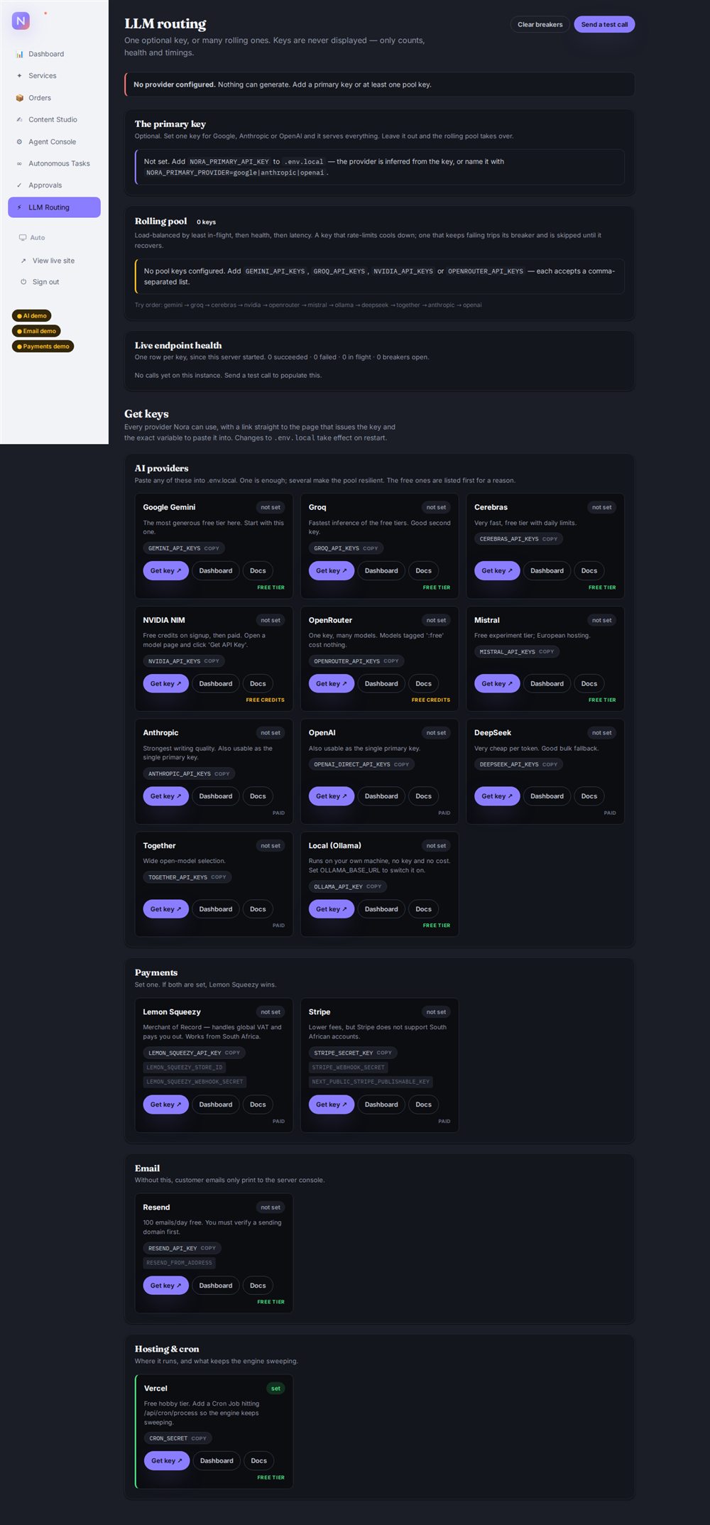 LLM pool and routing health page